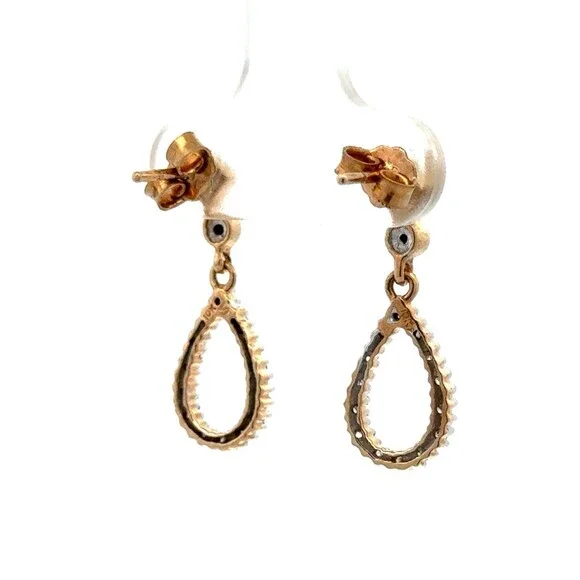 Designer 10k Yellow Gold Diamond Pave Teardrop Cut Out Dangle Drop Earrings